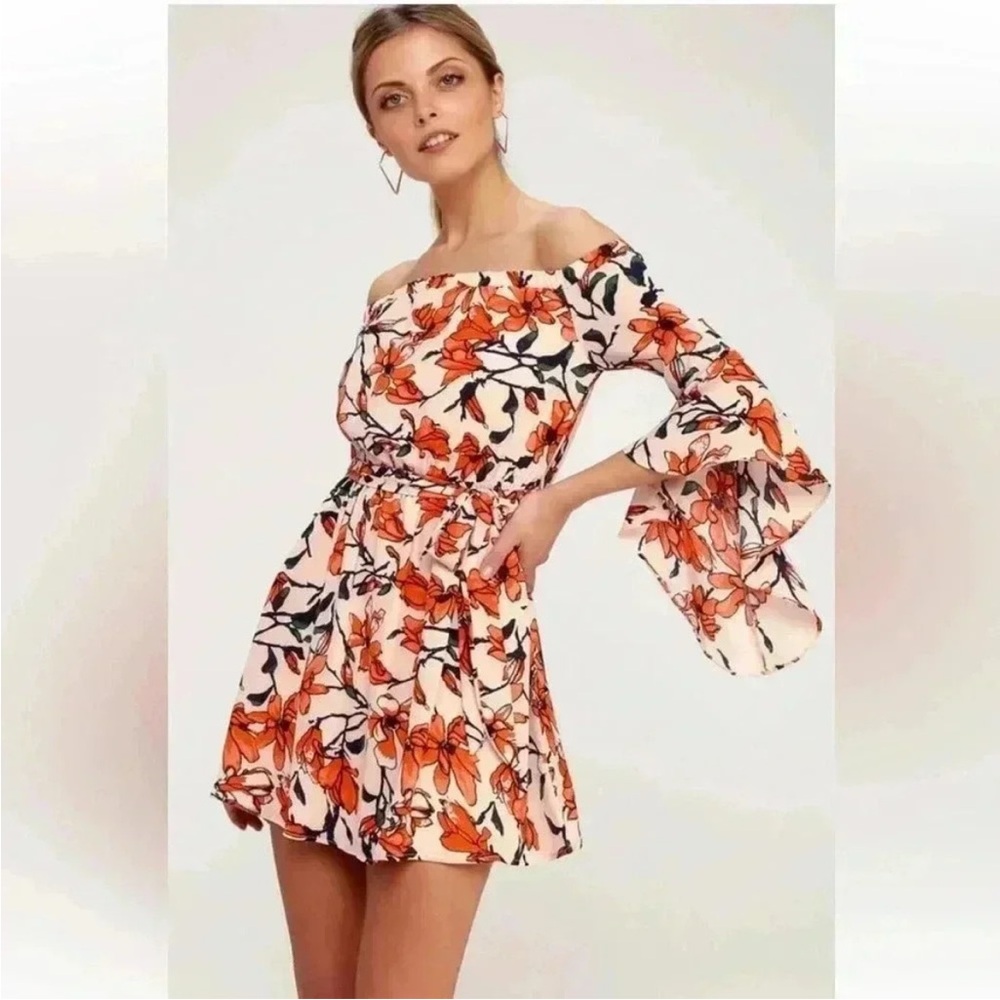 Lulu’s Blushing Blooms Nude Floral Print Off The Shoulder Dress S